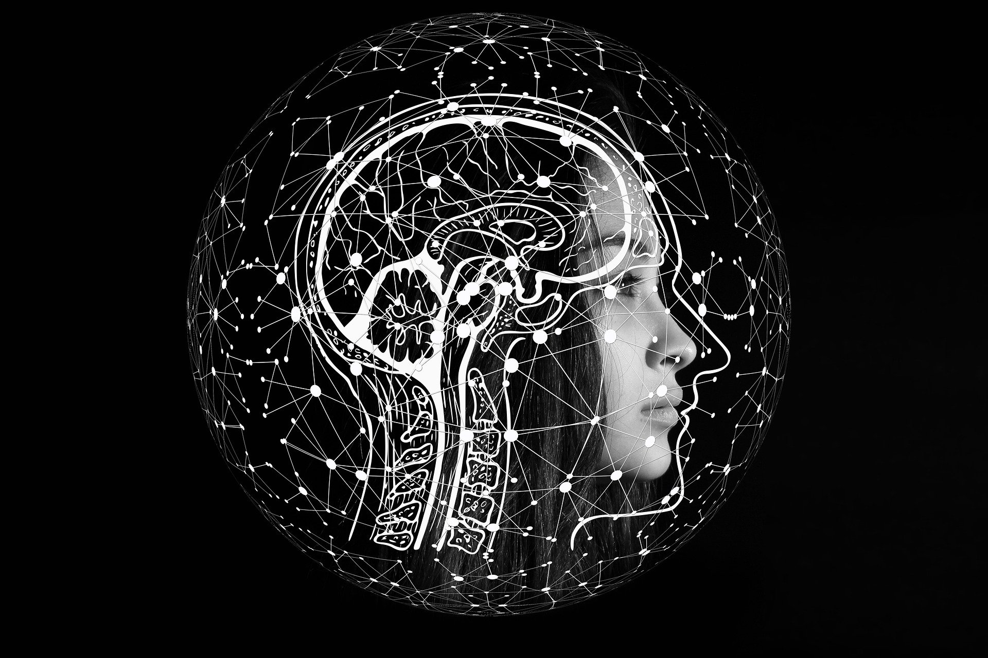 Illustration of a woman's head looking to the right and surrounded by lines from a digital environment. The silhouette of a brain can be seen on her head